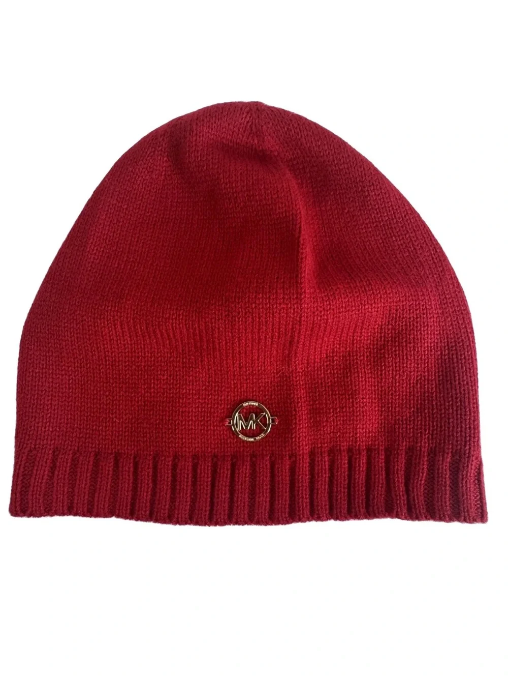 Michael Kors Red Acrylic Beanie Knit Hat Gold MK Logo